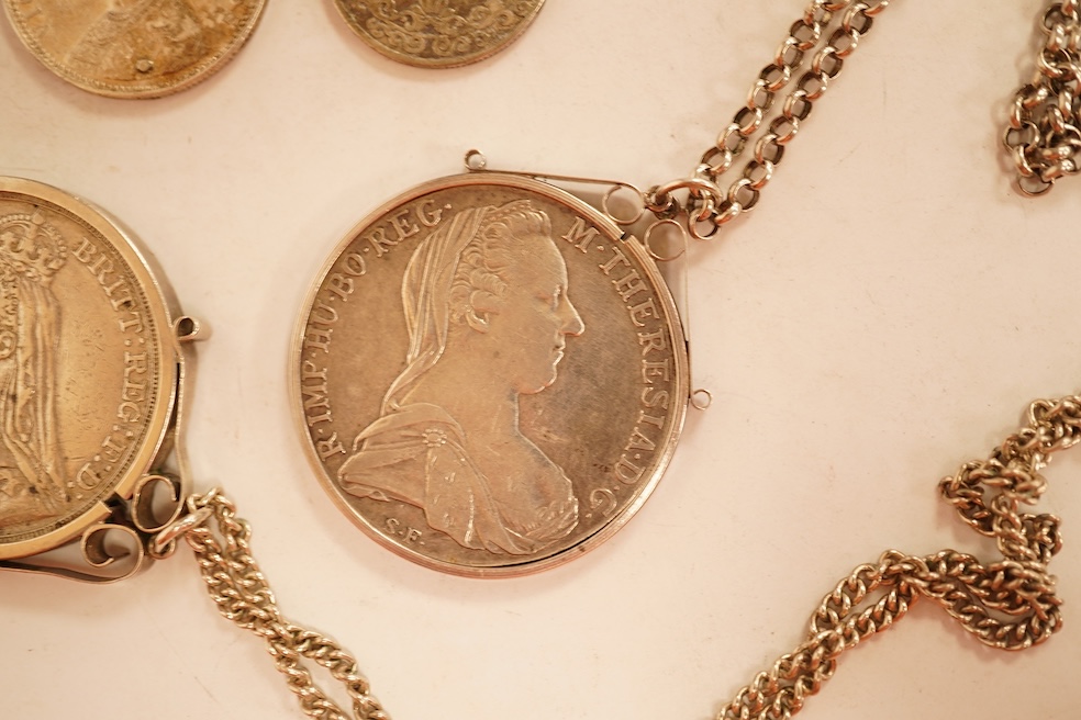 World coins, Victoria, 1891 crown, mounted with chain, Austria, Maria Theresa Thaler, mounted, CCCP medal award, a pierced one rupee India eighteen ninety and a novelty yes no fantasy coin.